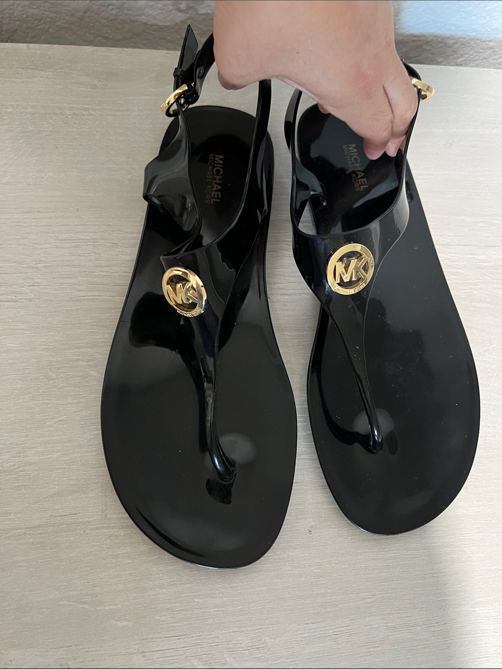 Michael Kors Black Jelly Thong Sandals with Gold MK Medallion Women’s Size 9
